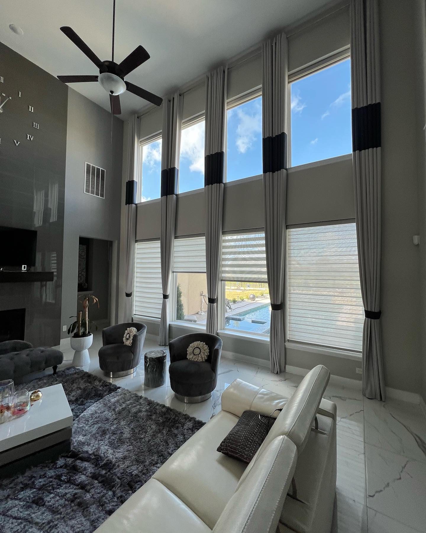 High Ceiling Custom Drapery and Zebra Shades