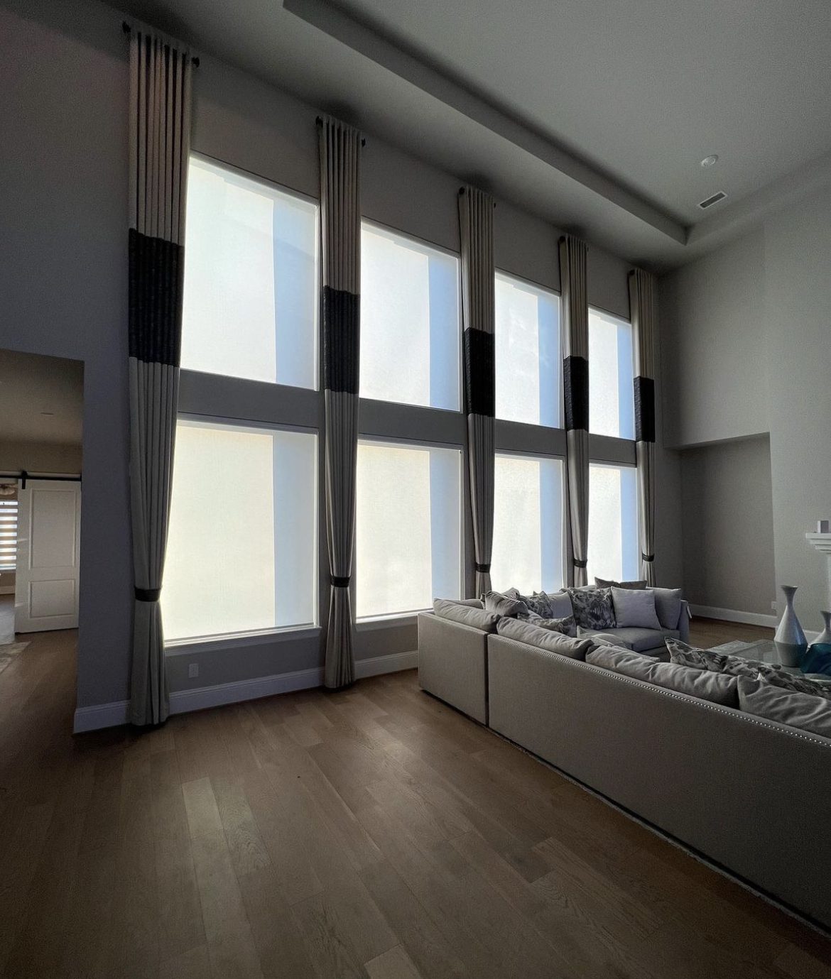 High Ceiling Custom Drapery and Roller Shades